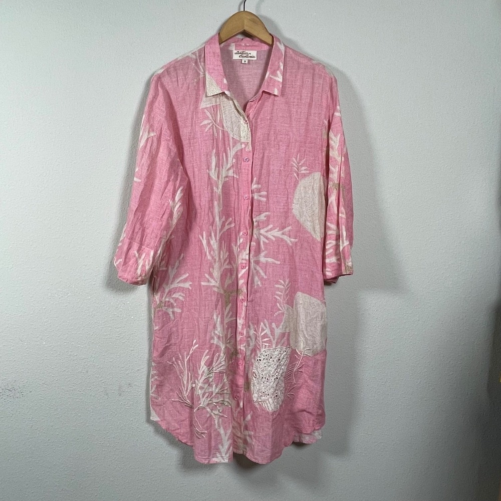 Antica Sartoria Linen Tunic Dress Womens Size L Pink Floral Coastal Cottagecore